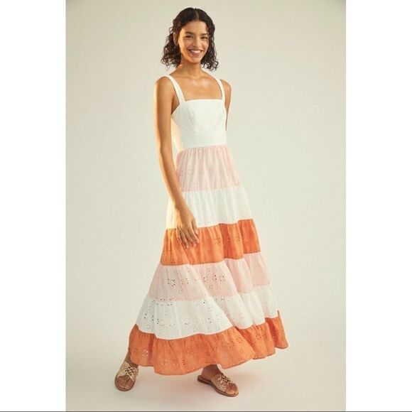 NEW Anthropologie Hutch Alston Colorbloacked Eyelet Tiered Maxi Dress Size 14 - Picture 1 of 7